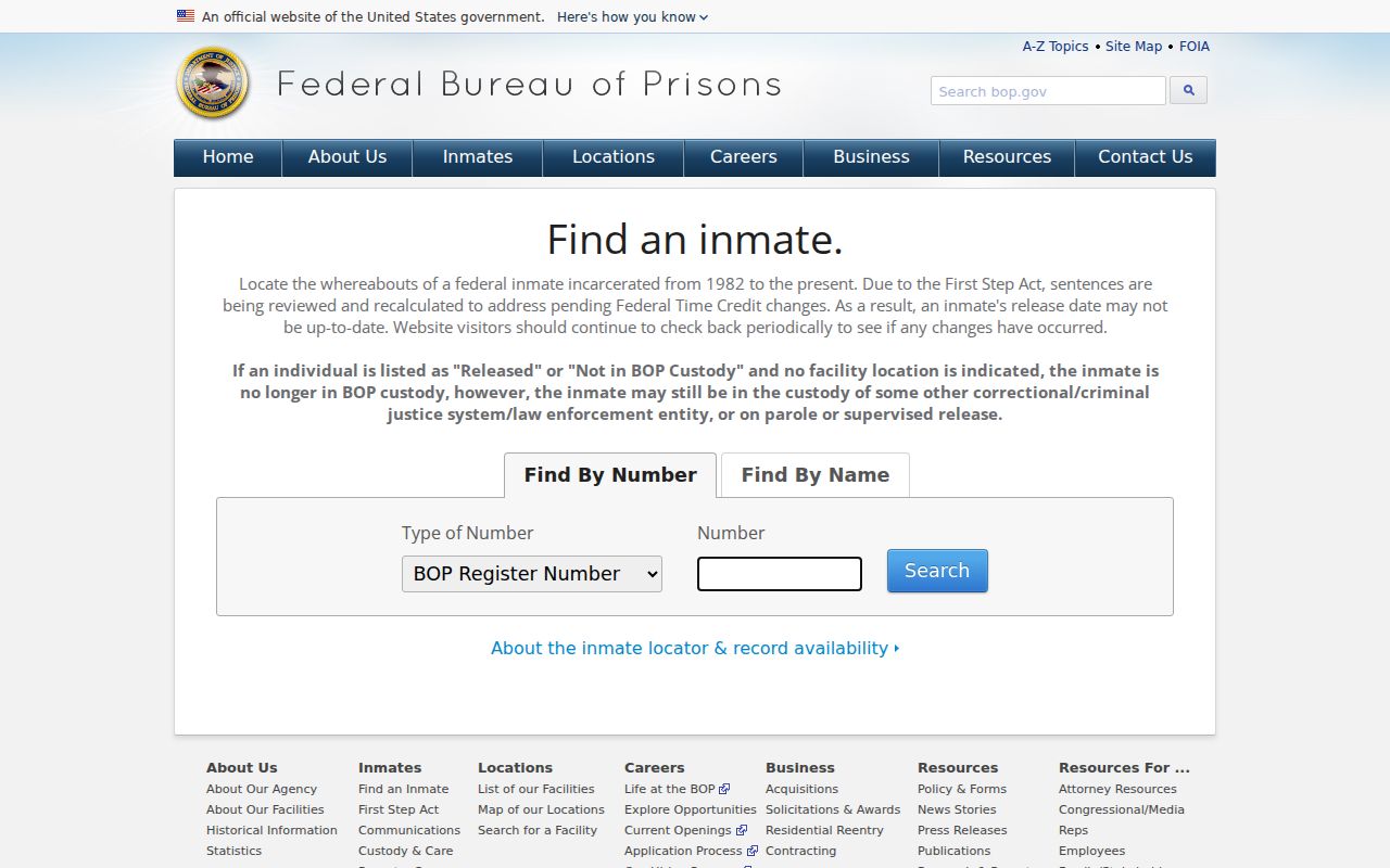 Federal inmate locator for custody records outside Hertford County systems
